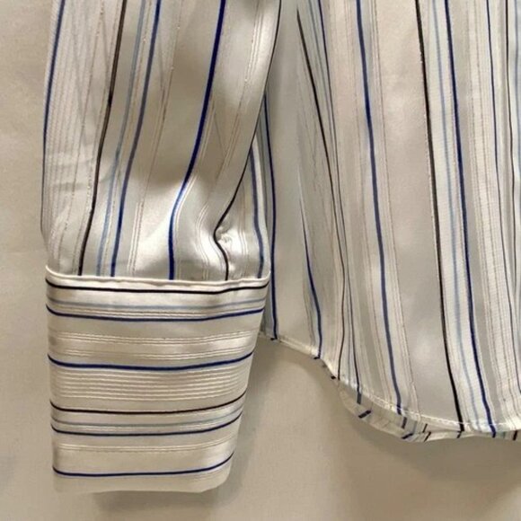 White House Black Market Blouse Women's Small Blue Metallic Stripe Semi Sheer - Picture 4 of 13